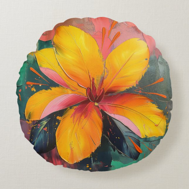 Golden Bloom – Vibrant Abstract Floral Expression Round Pillow (Front)