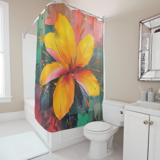 Golden Bloom – Vibrant Abstract Floral Expression Shower Curtain (In Situ)