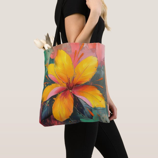 Golden Bloom – Vibrant Abstract Floral Expression Tote Bag (Close Up)