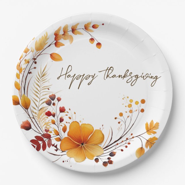 Golden Blooms & Grateful Wishes Paper Plates (Front)