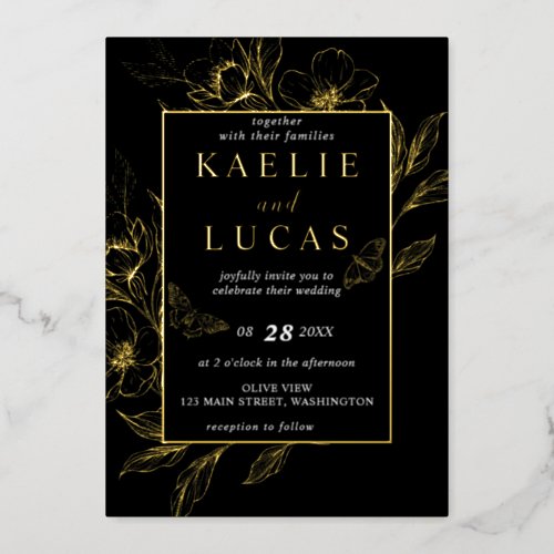 Golden Blooms Of Love  Black Wedding Foil Invitation