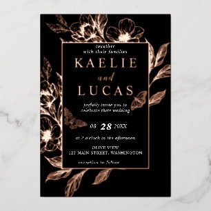 "Golden Blooms Of Love"   Black Wedding Foil Invitation