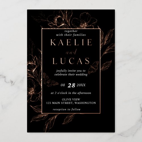 Golden Blooms Of Love  Black Wedding Foil Invitation