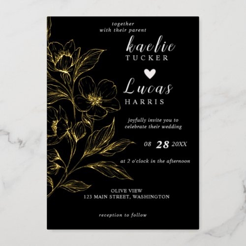 Golden Blooms Of Love  Black Wedding Foil Invitation