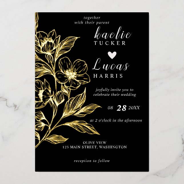 "Golden Blooms Of Love" | Black Wedding Foil Invitation (Front)