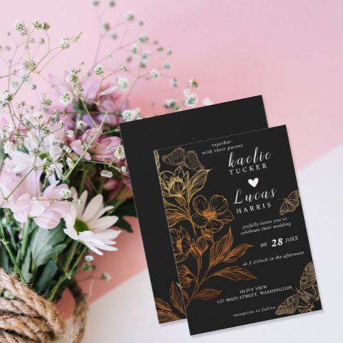 Golden Blooms Of Love  Black Wedding Invitation