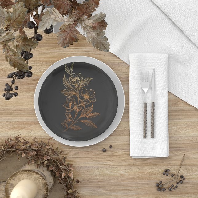 "Golden Blooms Of Love" | Black Wedding  Paper Plates (Creator Uploaded)