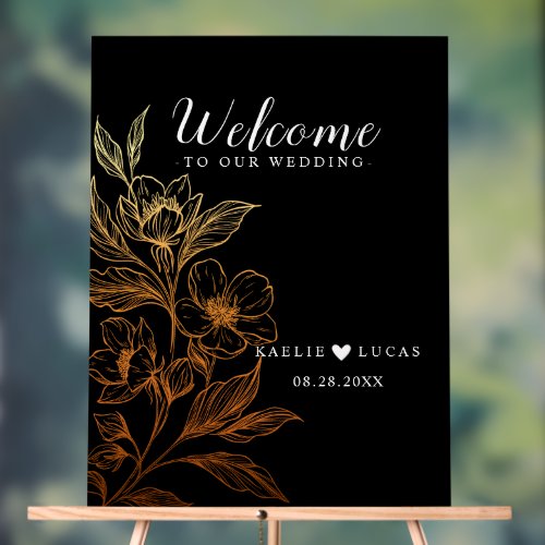 Golden Blooms Of Love  Black Wedding Welcome Acrylic Sign