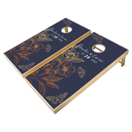 Golden Blooms Of Love  Romantic Navy Wedding Cornhole Set