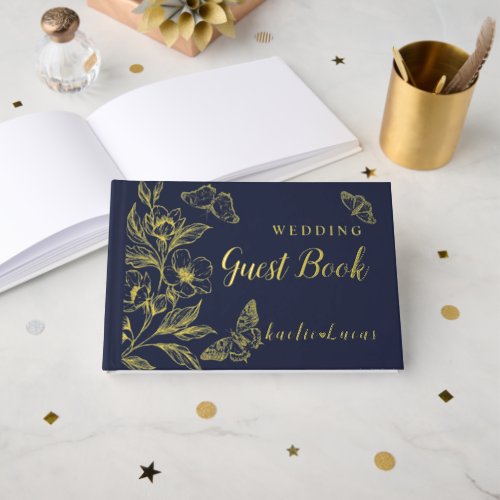 Golden Blooms Of Love  Romantic Navy Wedding  Foil Guest Book