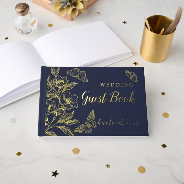 "Golden Blooms Of Love" | Romantic Navy Wedding  Foil Guest Book (Front Open)