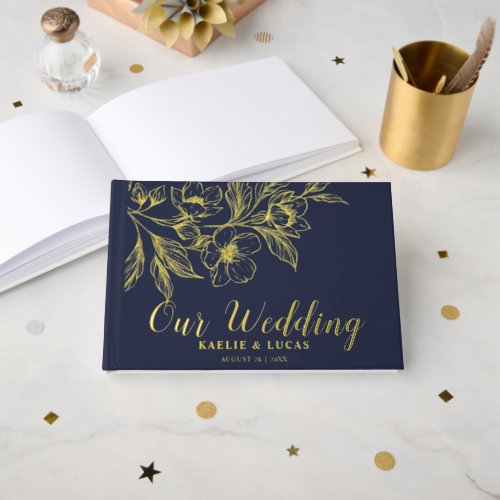 Golden Blooms Of Love  Romantic Navy Wedding  Foil Guest Book