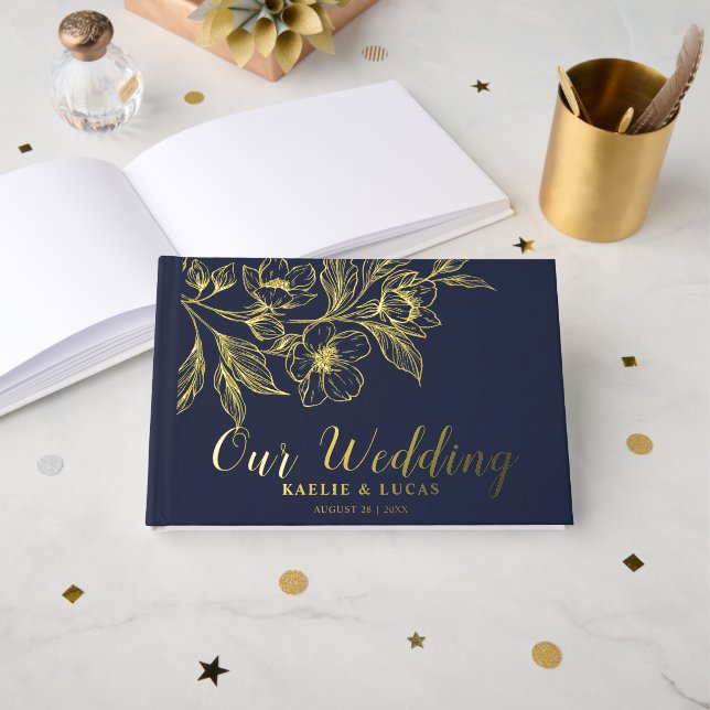 "Golden Blooms Of Love" | Romantic Navy Wedding  Foil Guest Book (Front Open)