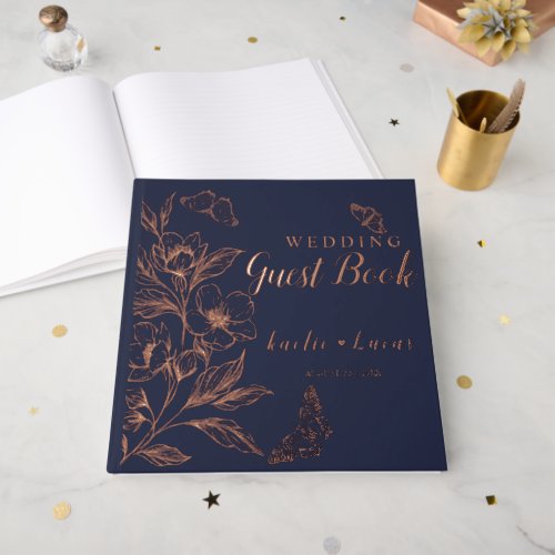 Golden Blooms Of Love  Romantic Navy Wedding  Foil Guest Book