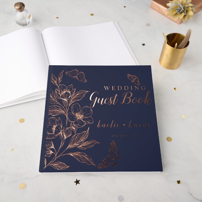 "Golden Blooms Of Love" | Romantic Navy Wedding  Foil Guest Book (Front Open)