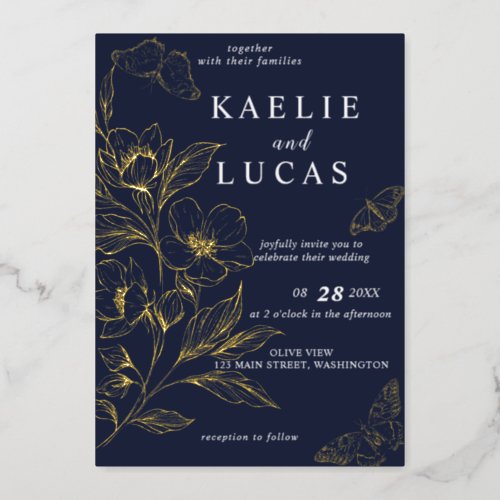 Golden Blooms Of Love  Romantic Navy Wedding Foil Invitation