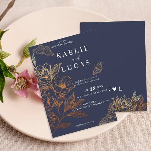 Golden Blooms Of Love  Romantic Navy Wedding In Invitation