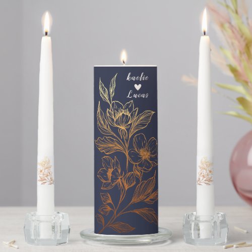 Golden Blooms Of Love  Romantic Navy Wedding  Unity Candle Set