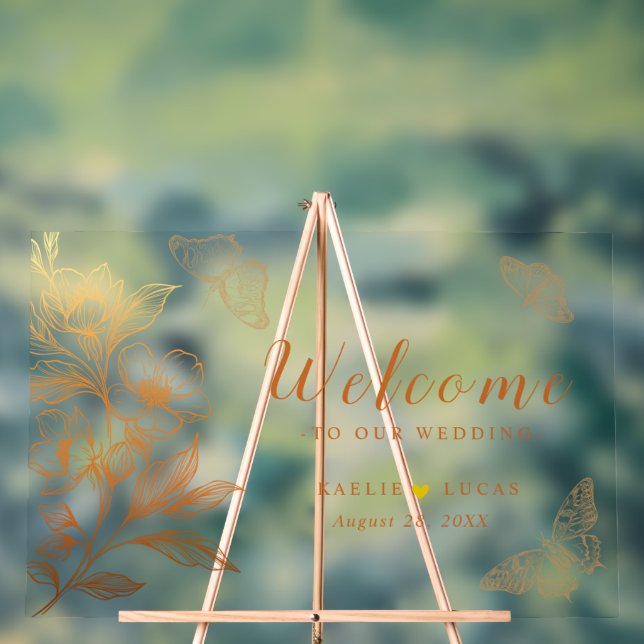 "Golden Blooms Of Love" Wedding Welcome  Acrylic Sign (Neutral)