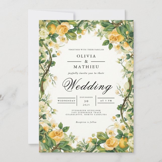 Golden Blossom Arch Floral Wedding Invitation (Front)