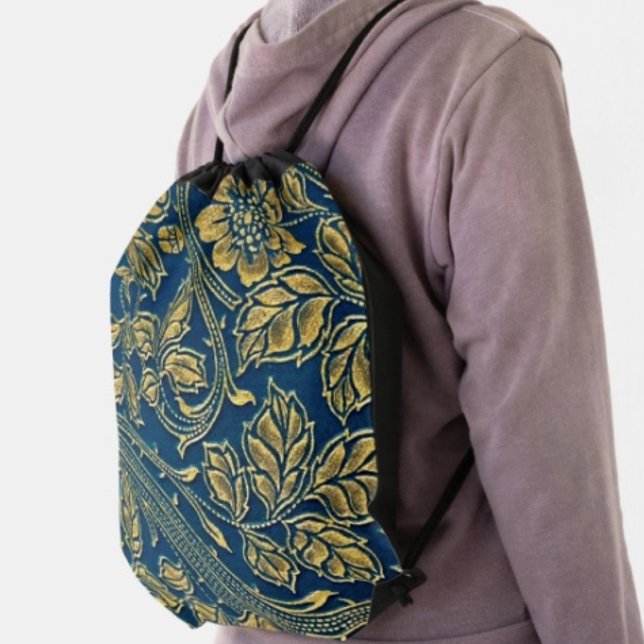 Golden Blossom Elegance Drawstring Backpack (Made from 100% polyester constructed with reinforced black trim,  solid black back. 
)