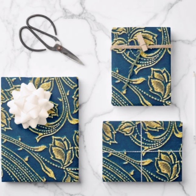 Golden Blossom Wrapping Paper Flat Sheet Set of 3 (Sheets Size: 19" x 29”. Sold in sets of 3. D: 19.5" x 28.5" sheets. Grid  for precise wrapping. 
)
