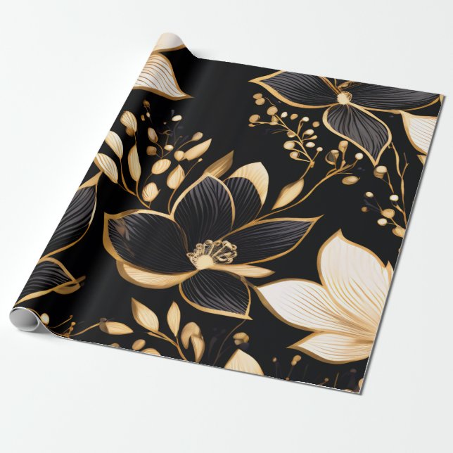 Golden Blossoms: Black & Gold Floral Patterns Wrapping Paper (Unrolled)