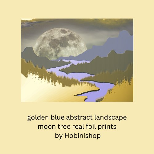 golden blue abstract landscape moon tree real foil prints