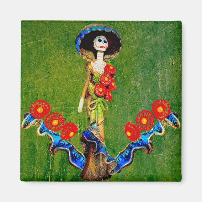 Golden Blue Antique Catrina Over Green Washed Boho Magnet (Front)