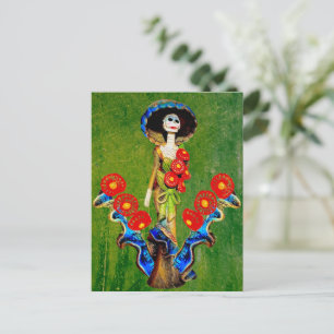 Golden Blue Antique Catrina Over Green Washed Boho Postcard