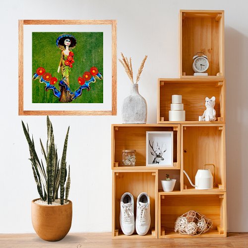 Golden Blue Antique Catrina Over Green Washed Boho Poster