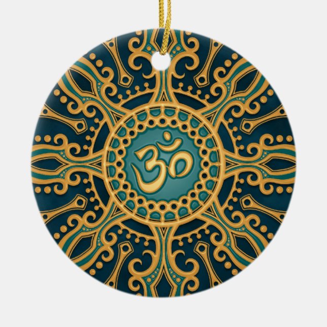 Golden Blue Aum Star Ceramic Ornament (Front)
