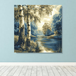 Golden Blue Birch Trees by the River Landscape Canvas Print