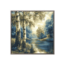 Golden Blue Birch Trees by the River Landscape