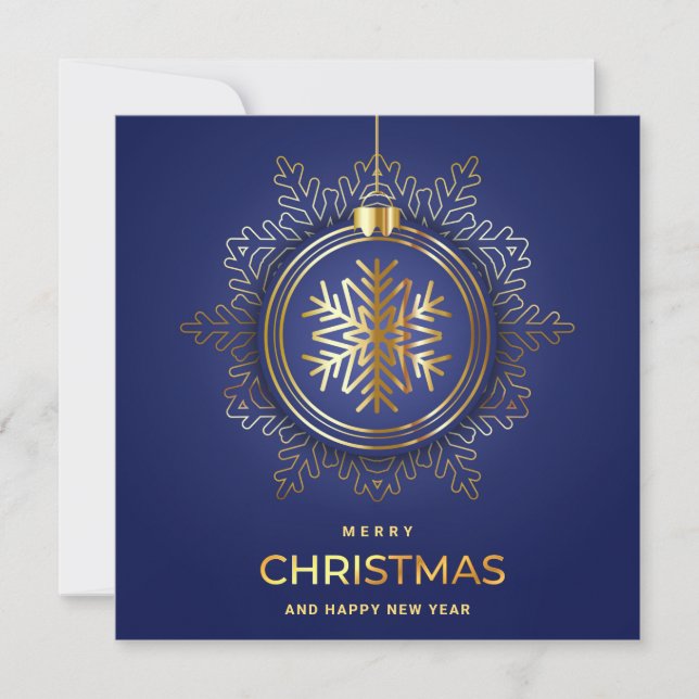 Golden Blue Christmas Ornament Corporate Greeting Holiday Card (Front)