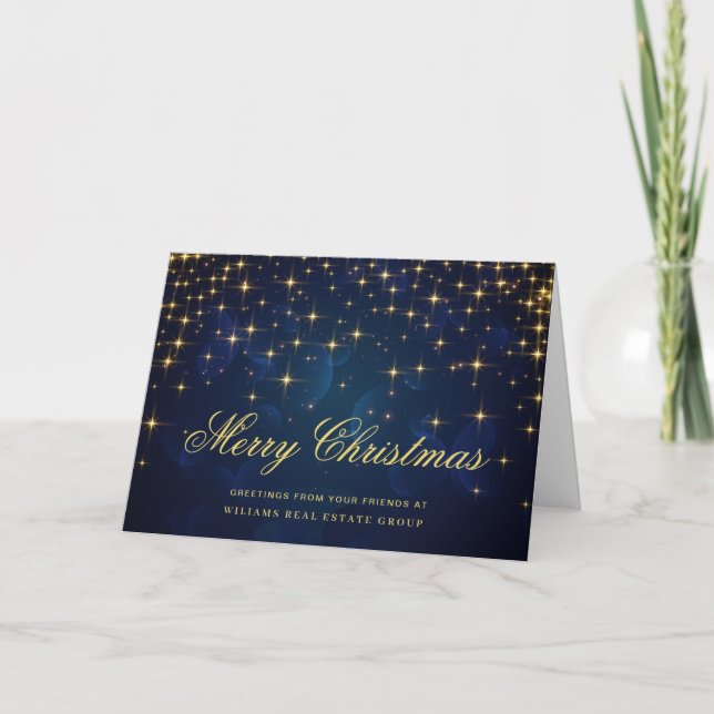 Golden Blue Christmas Stars Corporate Greeting Holiday Card (Front)