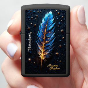 Golden Blue Feather Dark Starfield Zippo Lighter