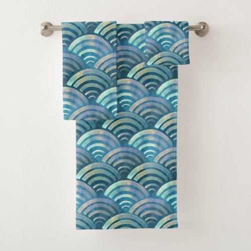 Golden Blue Fish Scales Pattern Bath Towel Set