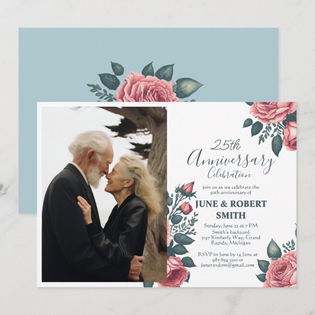 Golden Blue floral 25th wedding anniversary Invitation (Front/Back)