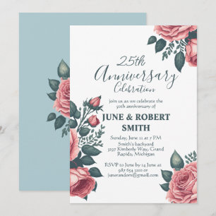 Golden Blue floral 25th wedding anniversary Invitation