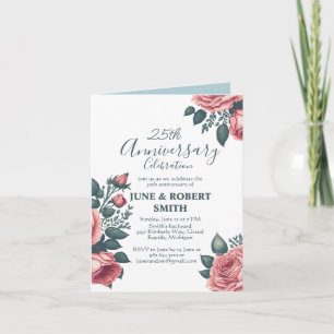 Golden Blue floral 25th wedding anniversary Invitation