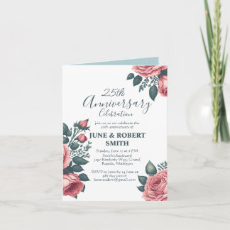 Golden Blue floral 25th wedding anniversary Invitation