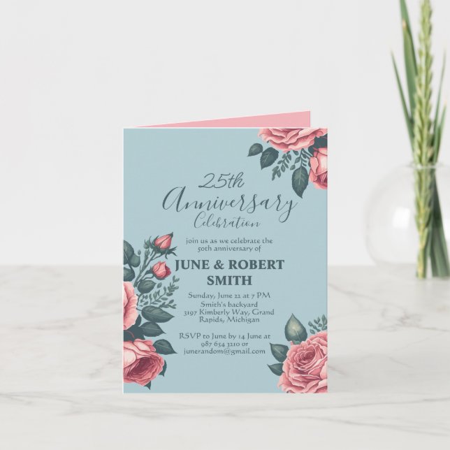 Golden Blue floral 25th wedding anniversary Invitation (Front)