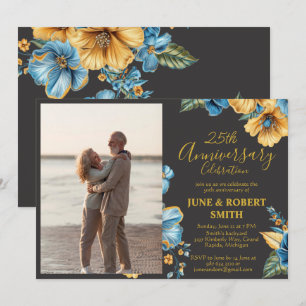 Golden Blue floral 25th wedding anniversary Invitation