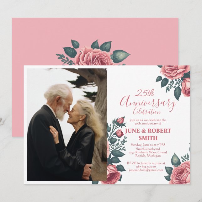 Golden Blue floral 25th wedding anniversary Invitation (Front/Back)