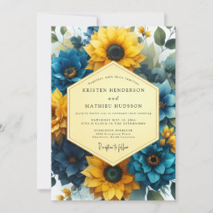 Golden Blue Floral Romance Wedding Invitation