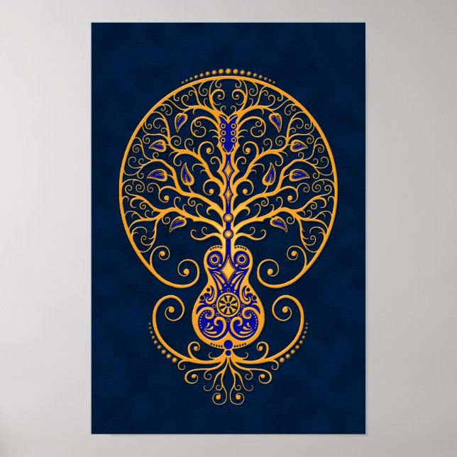 Golden Blue Guitar Tree of Life Poster (Front)