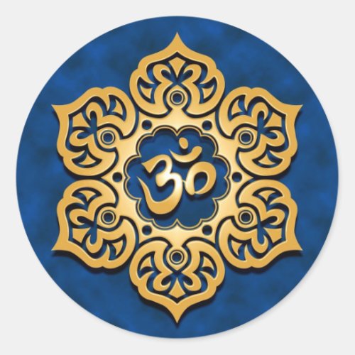 Golden Blue Lotus Flower Om Classic Round Sticker
