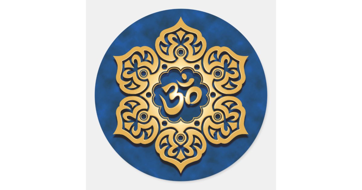 Golden Blue Lotus Flower Om Classic Round Sticker | Zazzle
