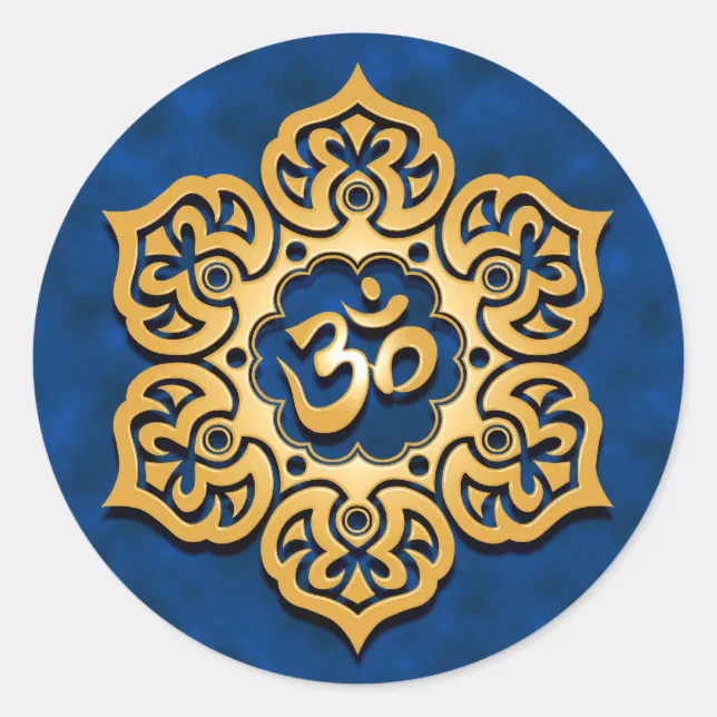 Golden Blue Lotus Flower Om Classic Round Sticker | Zazzle